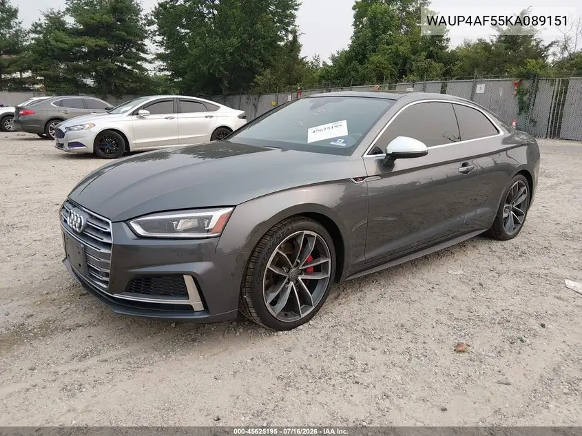 2019 Audi S5 3.0T Premium VIN: WAUP4AF55KA089151 Lot: 45625195