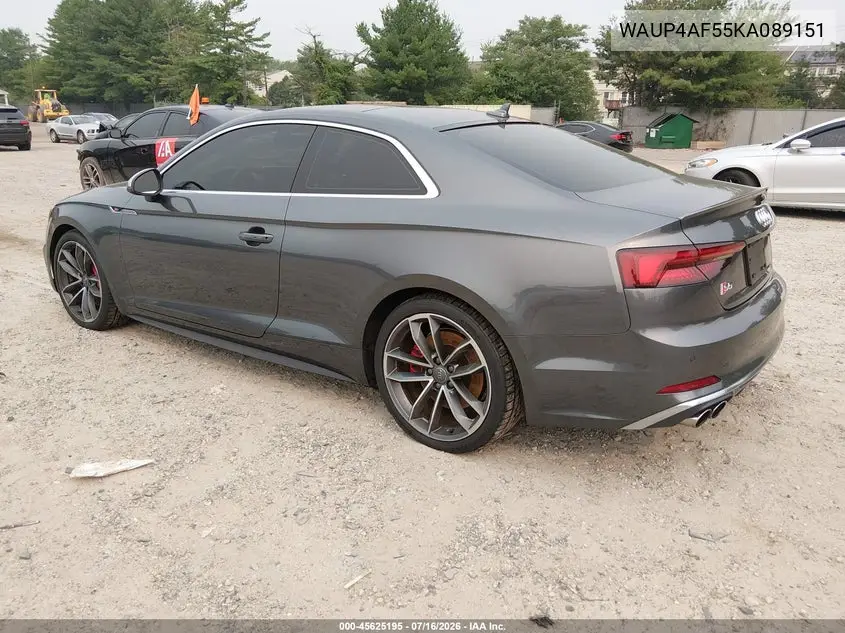 2019 Audi S5 3.0T Premium VIN: WAUP4AF55KA089151 Lot: 45625195
