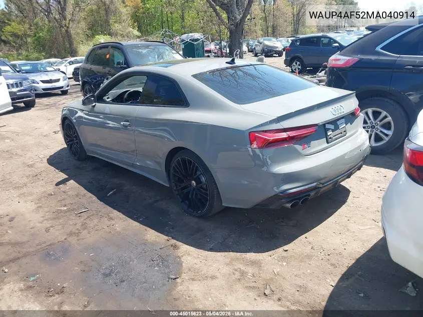 2021 Audi S5 Premium Plus Tfsi Quattro Tiptronic VIN: WAUP4AF52MA040914 Lot: 45015623