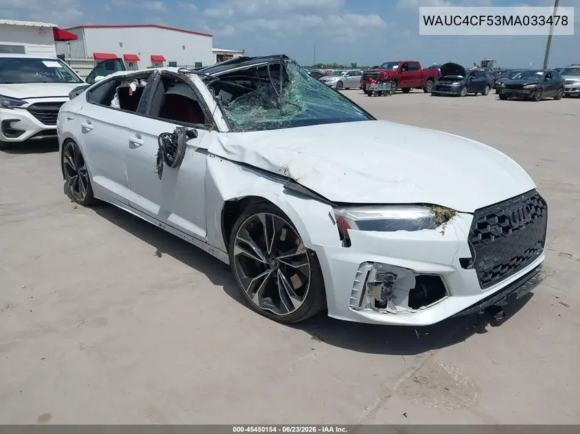 2021 Audi S5 Sportback Premium Plus Tfsi Quattro Tiptronic VIN: WAUC4CF53MA033478 Lot: 45450154