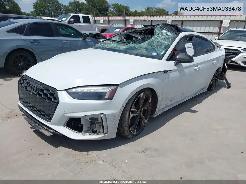 2021 Audi S5 Sportback Premium Plus Tfsi Quattro Tiptronic VIN: WAUC4CF53MA033478 Lot: 45450154