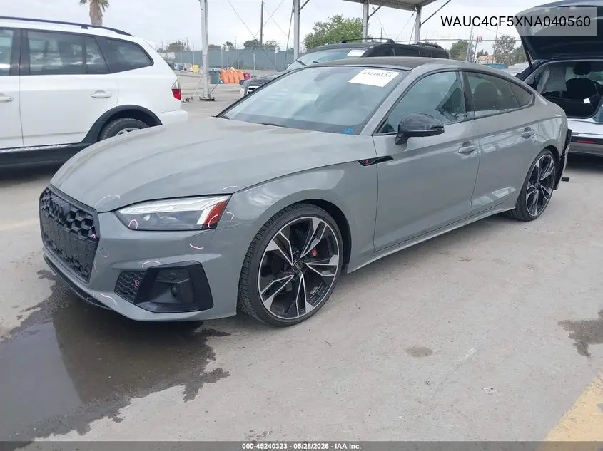 2022 Audi S5 Sportback Premium Plus Tfsi Quattro Tiptronic VIN: WAUC4CF5XNA040560 Lot: 45240323