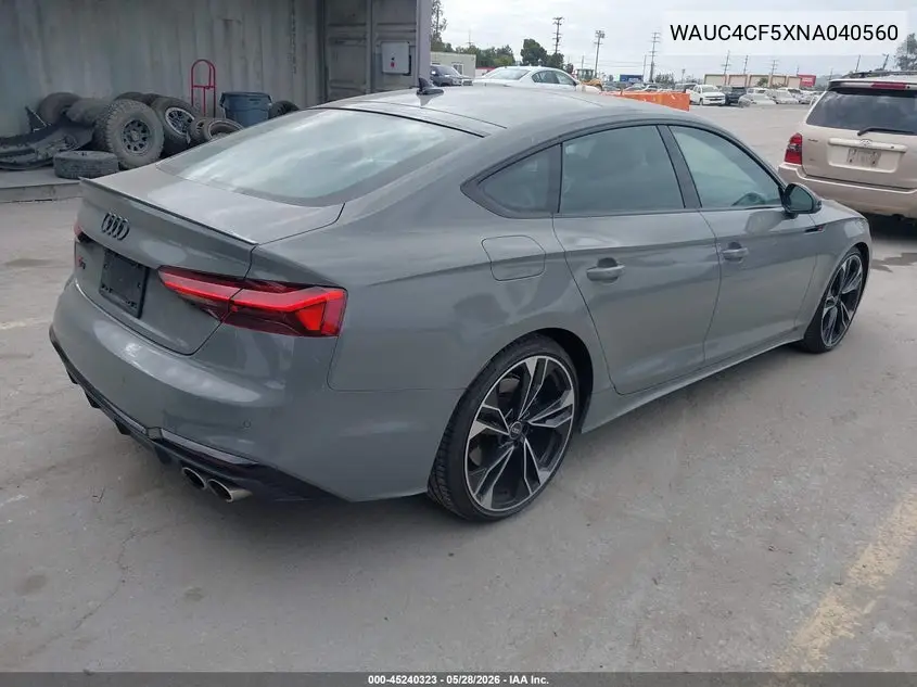 2022 Audi S5 Sportback Premium Plus Tfsi Quattro Tiptronic VIN: WAUC4CF5XNA040560 Lot: 45240323