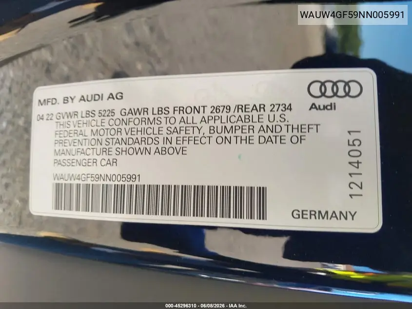 2022 Audi S5 Cabriolet Premium Plus Tfsi Quattro Tiptronic VIN: WAUW4GF59NN005991 Lot: 45296310