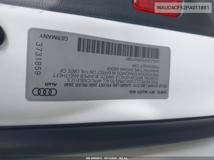 2023 Audi S5 Sportback Premium Plus Tfsi Quattro Tiptronic VIN: WAUC4CF52PA011881 Lot: 45088833