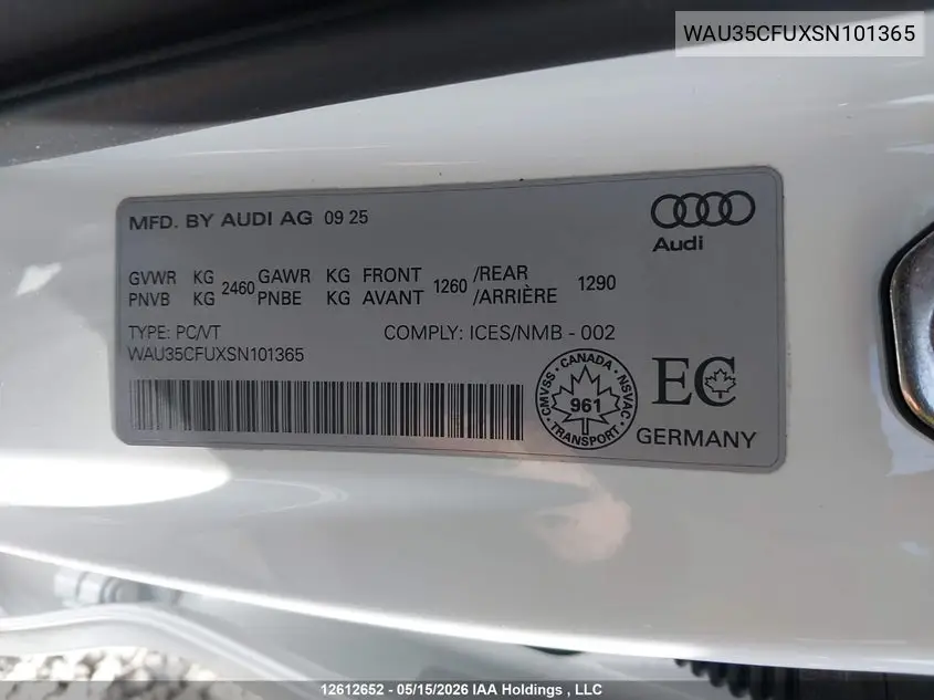 2025 Audi S5 Prestige VIN: WAU35CFUXSN101365 Lot: 12612652