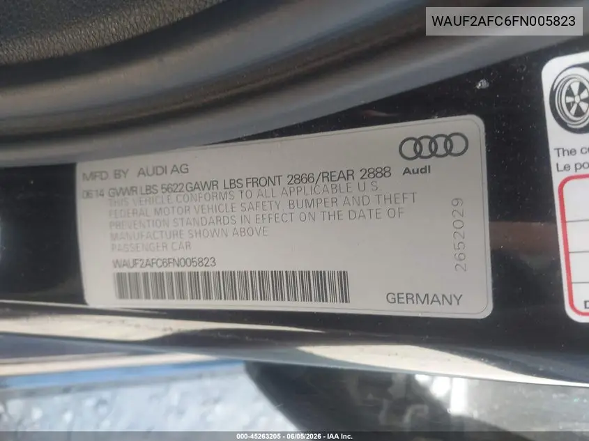 2015 Audi S6 4.0T VIN: WAUF2AFC6FN005823 Lot: 45263205