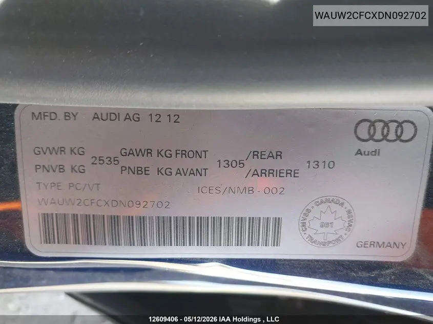 2013 Audi S7 Premium VIN: WAUW2CFCXDN092702 Lot: 12609406