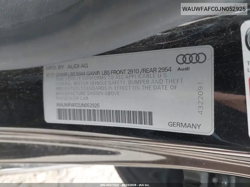 2018 Audi S7 4.0T Premium Plus VIN: WAUWFAFC0JN052925 Lot: 45377432
