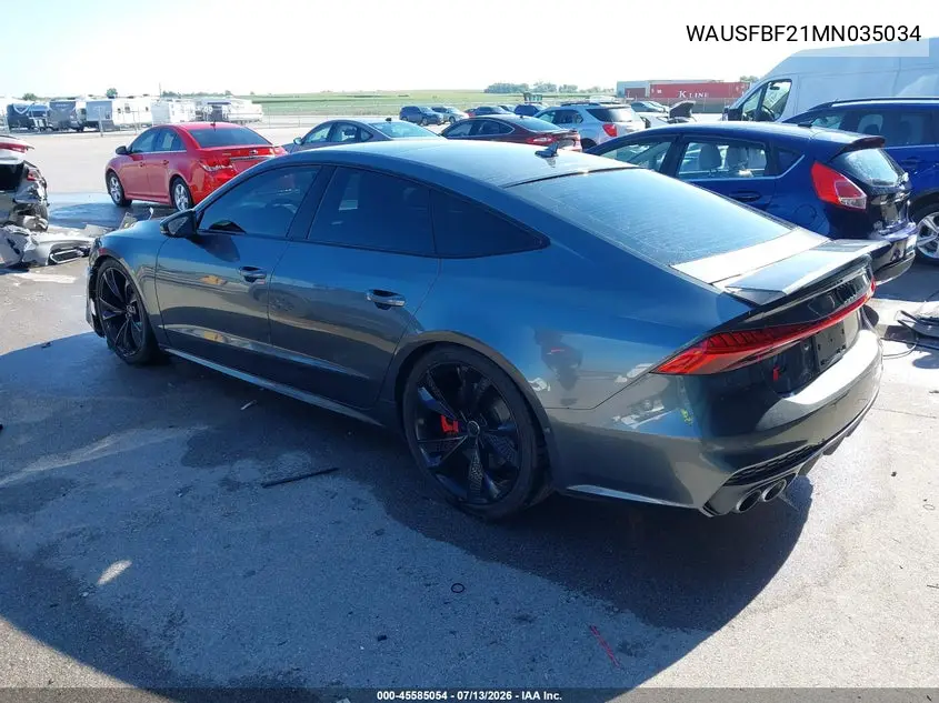 2021 Audi S7 Sportback Prestige Tfsi Quattro Tiptronic VIN: WAUSFBF21MN035034 Lot: 45585054