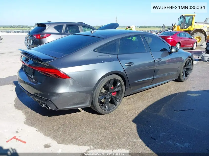 2021 Audi S7 Sportback Prestige Tfsi Quattro Tiptronic VIN: WAUSFBF21MN035034 Lot: 45585054