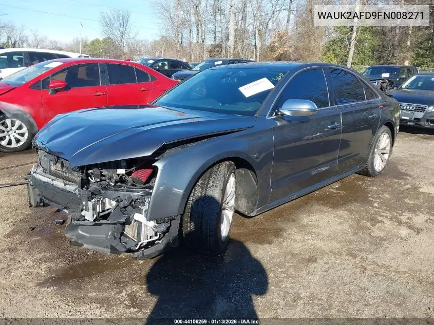2015 Audi S8 4.0T VIN: WAUK2AFD9FN008271 Lot: 44106259