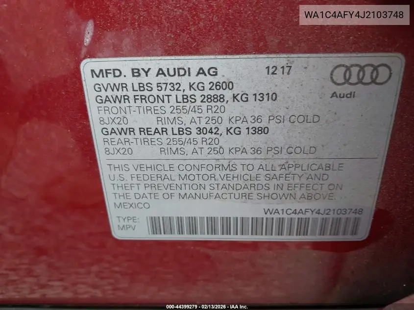 2018 Audi Sq5 3.0T Premium Plus VIN: WA1C4AFY4J2103748 Lot: 44399279