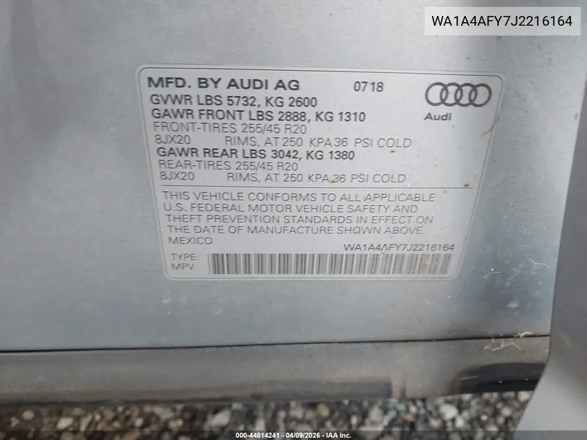 2018 Audi Sq5 3.0T Premium Plus VIN: WA1A4AFY7J2216164 Lot: 44814241