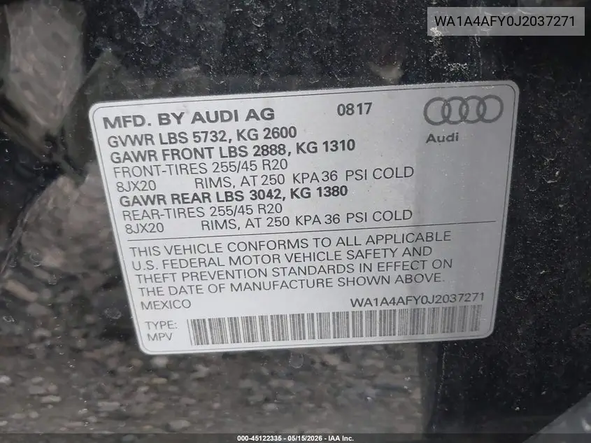2018 Audi Sq5 3.0T Premium Plus VIN: WA1A4AFY0J2037271 Lot: 45122335