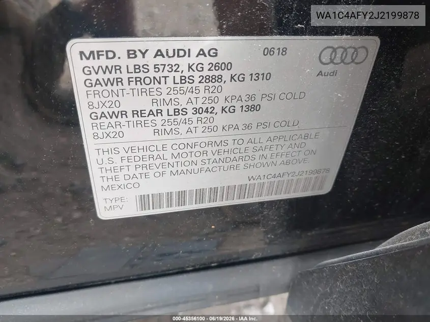 2018 Audi Sq5 3.0T Premium Plus VIN: WA1C4AFY2J2199878 Lot: 45356100