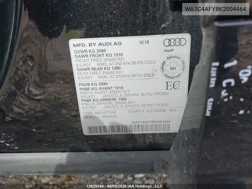 2019 Audi Sq5 VIN: WA1C4AFY8K2004464 Lot: 12629344