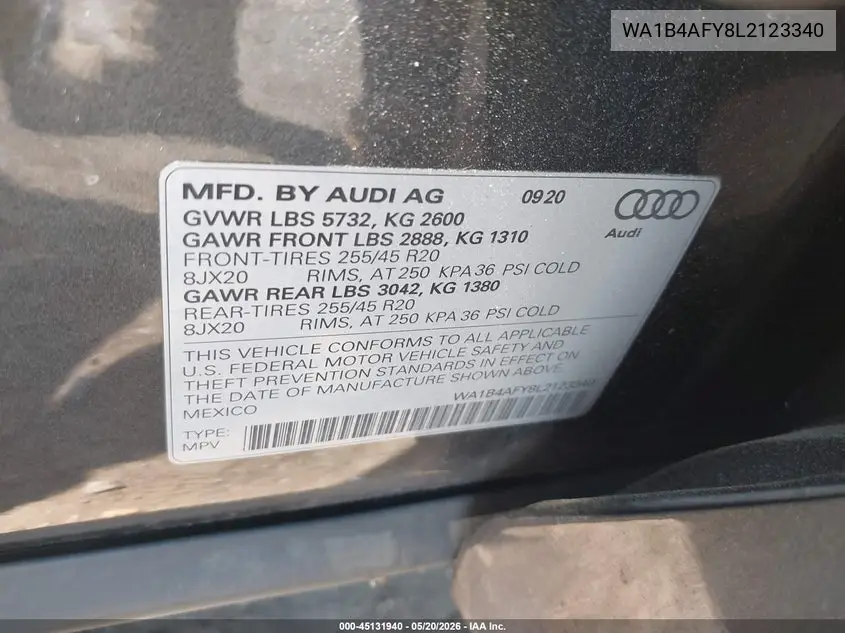 2020 Audi Sq5 Premium Plus Tfsi Quattro Tiptronic VIN: WA1B4AFY8L2123340 Lot: 45131940