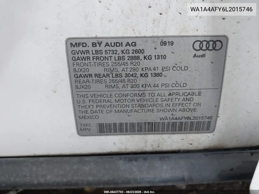 2020 Audi Sq5 Premium Tfsi Quattro Tiptronic VIN: WA1A4AFY6L2015746 Lot: 45437703