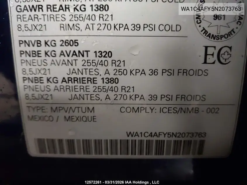 2022 Audi Sq5 Prestige VIN: WA1C4AFY5N2073763 Lot: 12572261