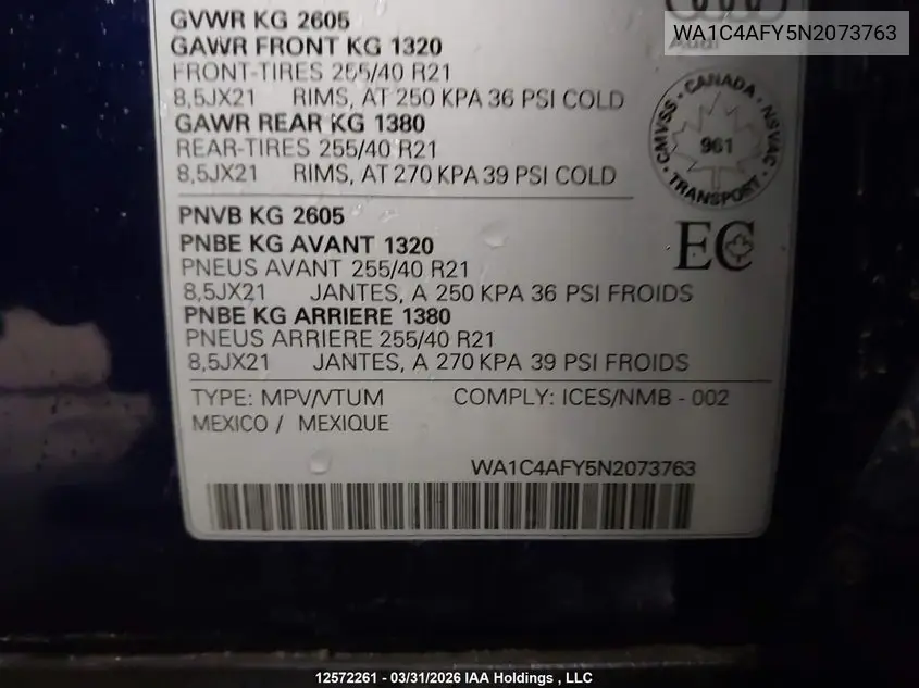 2022 Audi Sq5 Prestige VIN: WA1C4AFY5N2073763 Lot: 12572261
