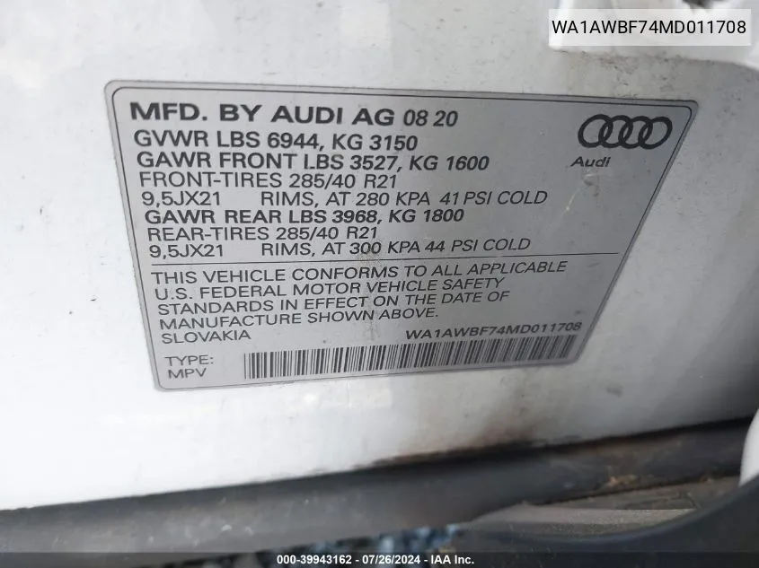 2021 Audi Sq7 Premium Plus Tfsi Quattro Tiptronic VIN: WA1AWBF74MD011708 Lot: 39943162
