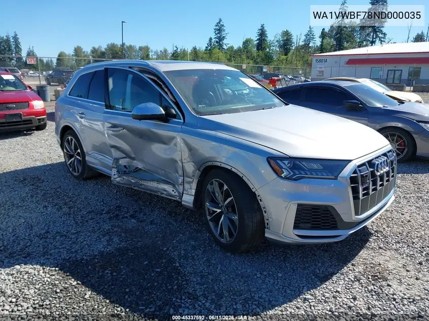 2022 Audi Sq7 Prestige Tfsi Quattro Tiptronic VIN: WA1VWBF78ND000035 Lot: 45337592