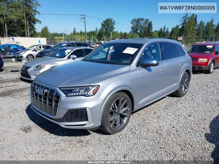 2022 Audi Sq7 Prestige Tfsi Quattro Tiptronic VIN: WA1VWBF78ND000035 Lot: 45337592