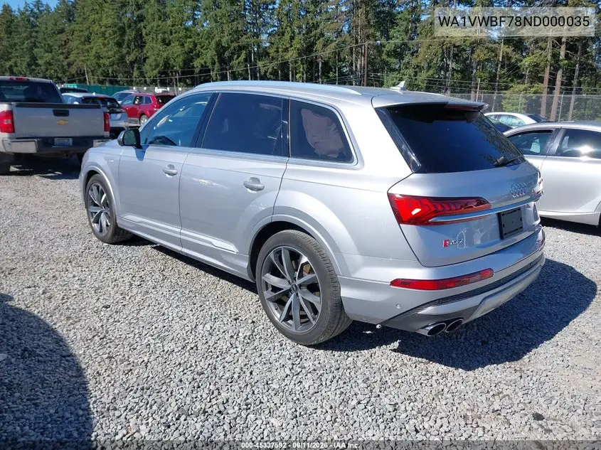 2022 Audi Sq7 Prestige Tfsi Quattro Tiptronic VIN: WA1VWBF78ND000035 Lot: 45337592