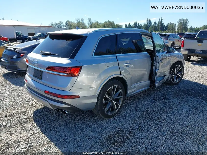 2022 Audi Sq7 Prestige Tfsi Quattro Tiptronic VIN: WA1VWBF78ND000035 Lot: 45337592
