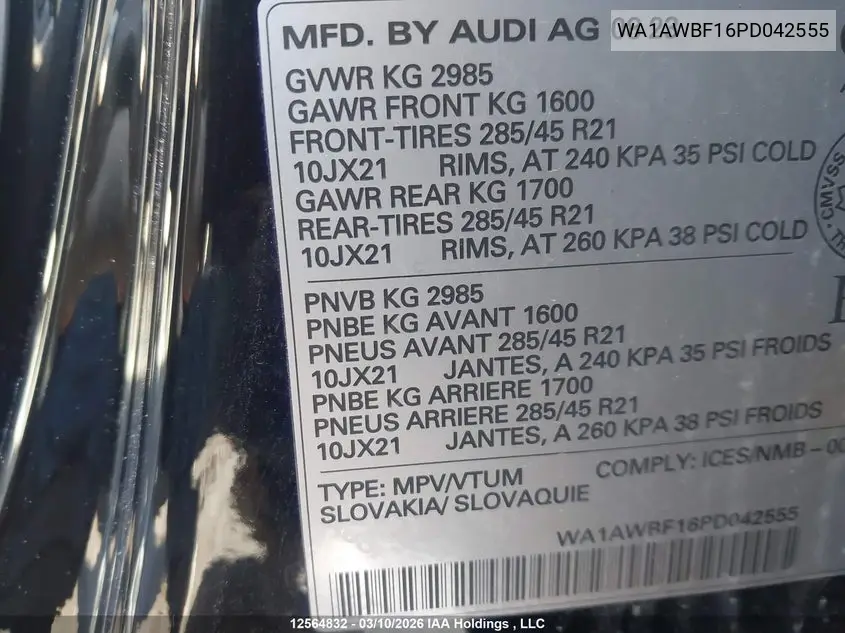 2023 Audi Sq8 4.0T VIN: WA1AWBF16PD042555 Lot: 12564832