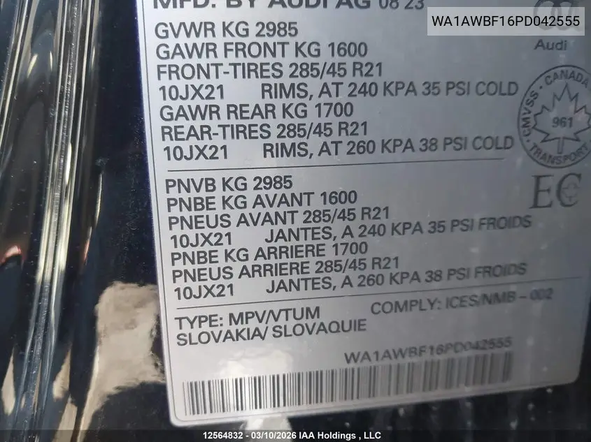 2023 Audi Sq8 4.0T VIN: WA1AWBF16PD042555 Lot: 12564832