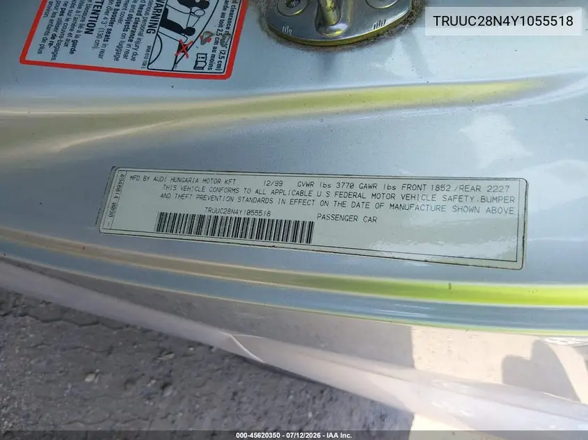 2000 Audi Tt VIN: TRUUC28N4Y1055518 Lot: 45620350