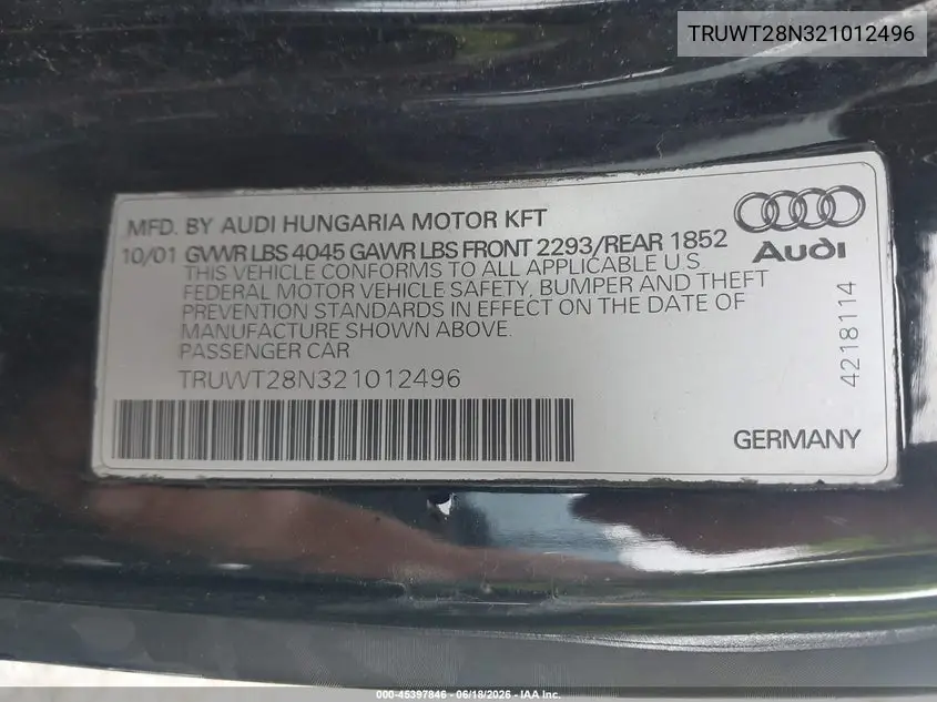 2002 Audi Tt 1.8L VIN: TRUWT28N321012496 Lot: 45397846