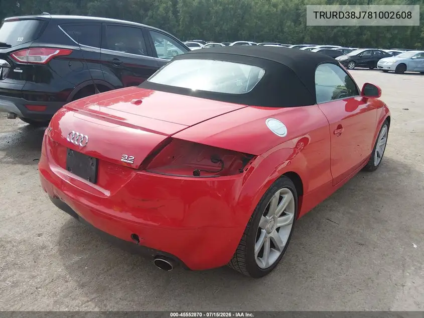 2008 Audi Tt 3.2 VIN: TRURD38J781002608 Lot: 45552870