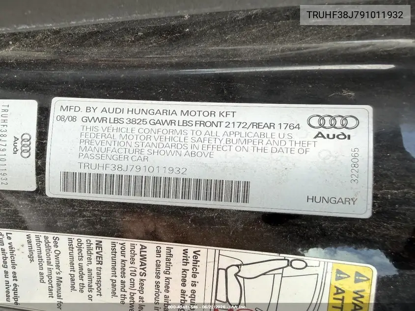 2009 Audi Tt 2.0T VIN: TRUHF38J791011932 Lot: 45451546