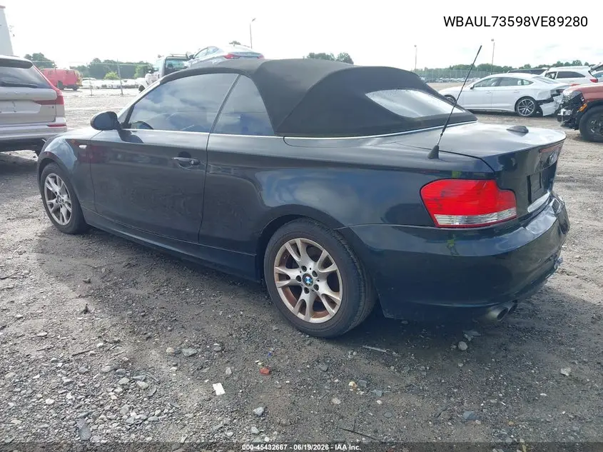 2008 BMW 128I VIN: WBAUL73598VE89280 Lot: 45432667