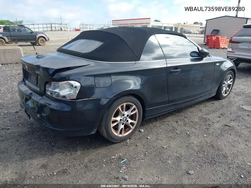 2008 BMW 128I VIN: WBAUL73598VE89280 Lot: 45432667
