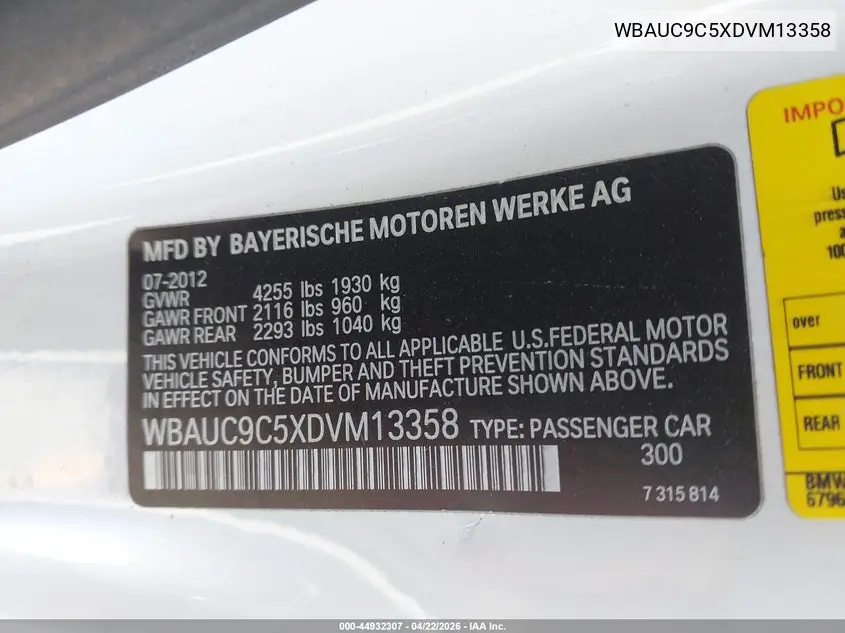 2013 BMW 135I VIN: WBAUC9C5XDVM13358 Lot: 44932307