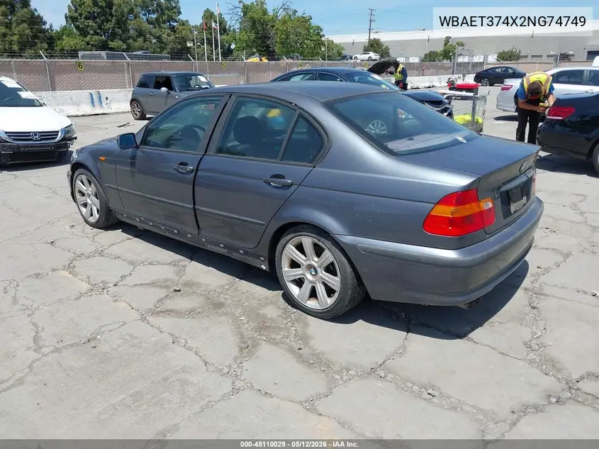 2002 BMW 325I VIN: WBAET374X2NG74749 Lot: 45110029