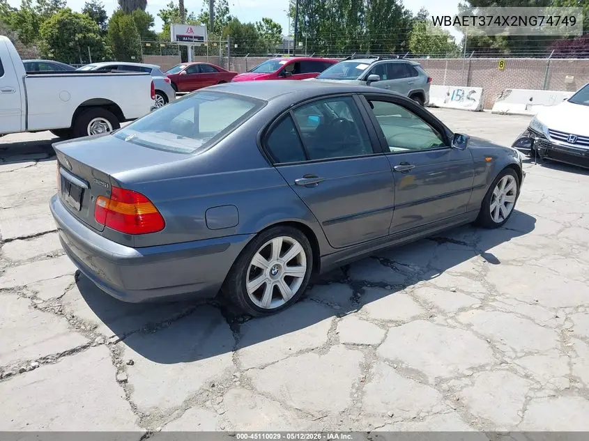 2002 BMW 325I VIN: WBAET374X2NG74749 Lot: 45110029
