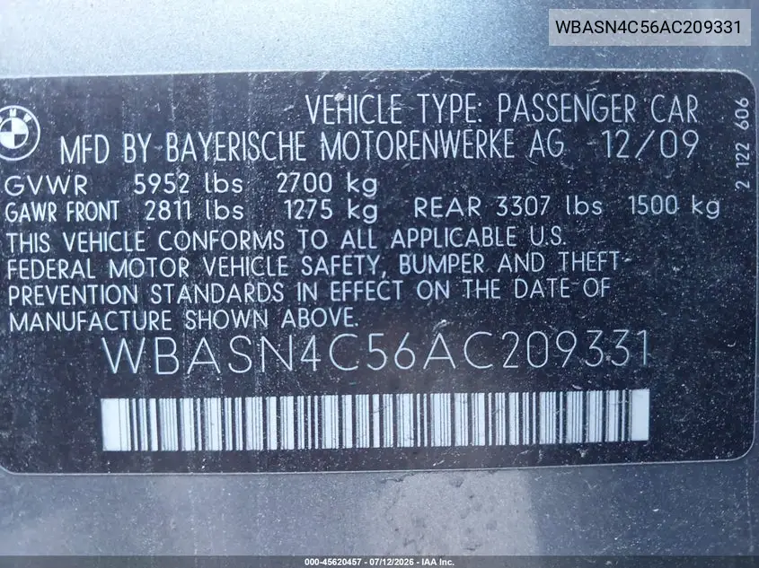 2010 BMW 550I Gran Turismo VIN: WBASN4C56AC209331 Lot: 45620457