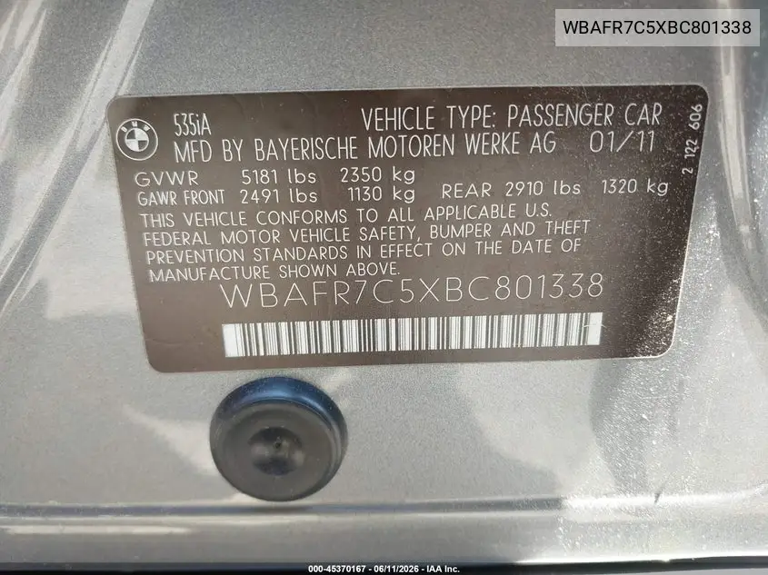 2011 BMW 535I VIN: WBAFR7C5XBC801338 Lot: 45370167