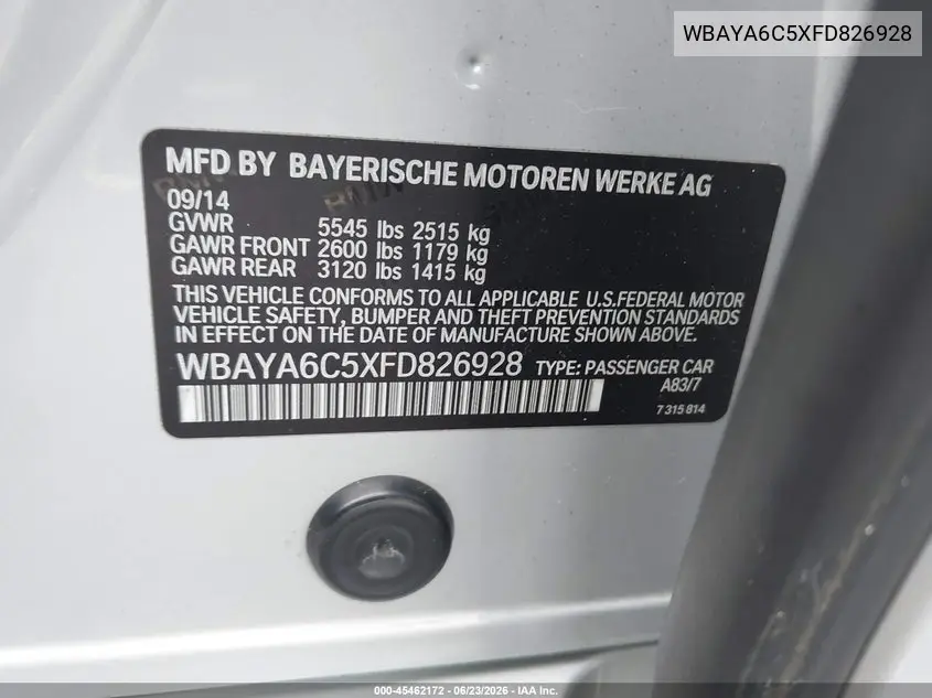 2015 BMW 740I VIN: WBAYA6C5XFD826928 Lot: 45462172