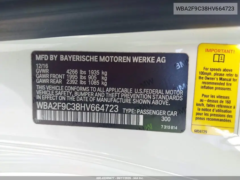 2017 BMW 230I VIN: WBA2F9C38HV664723 Lot: 45369477