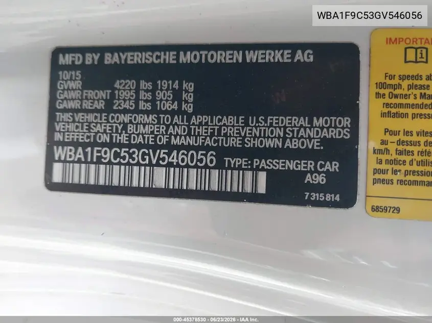 2016 BMW 228I VIN: WBA1F9C53GV546056 Lot: 45378530
