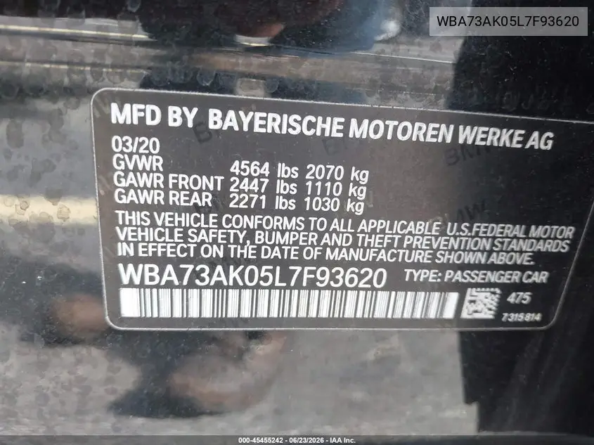 2020 BMW 228I Gran Coupe xDrive VIN: WBA73AK05L7F93620 Lot: 45455242