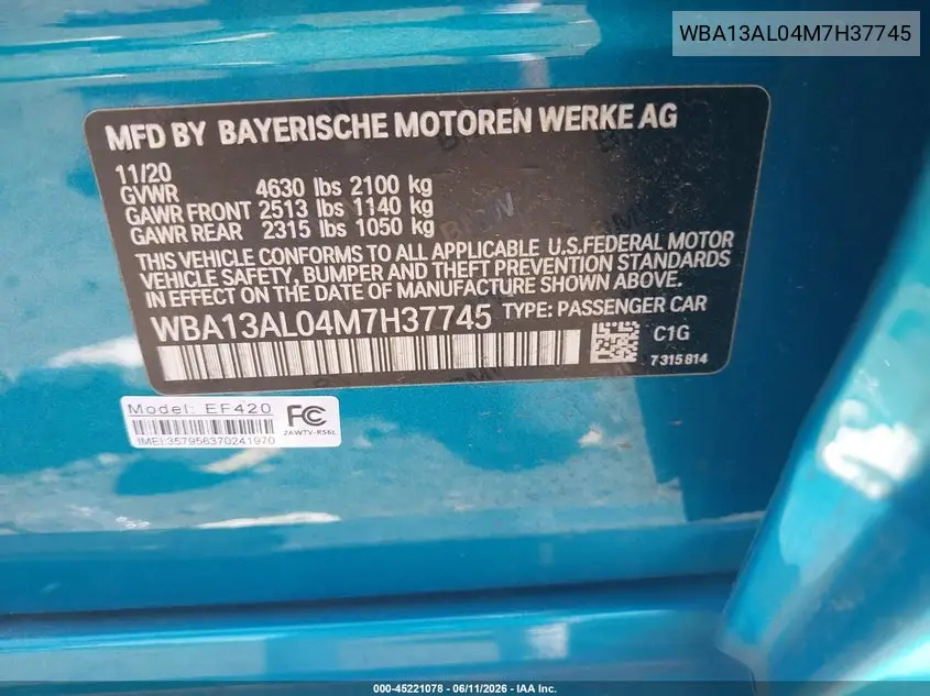 2021 BMW M235I Gran Coupe xDrive VIN: WBA13AL04M7H37745 Lot: 45221078