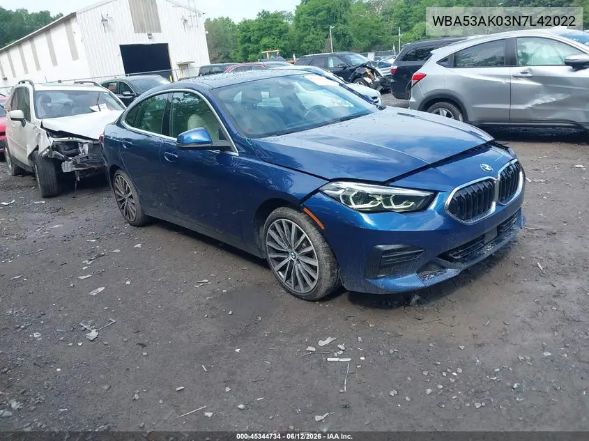2022 BMW 228 Gran Coupe I Sdrive VIN: WBA53AK03N7L42022 Lot: 45344734