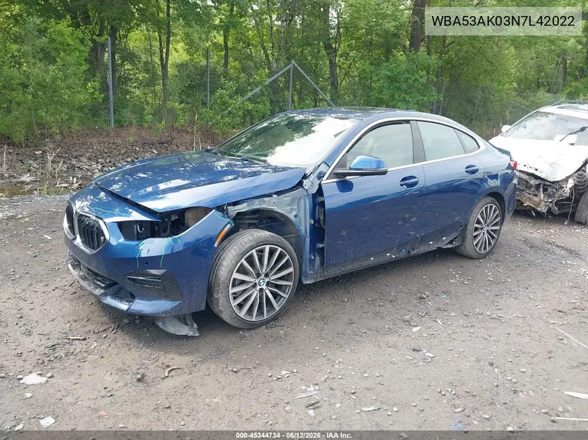 2022 BMW 228 Gran Coupe I Sdrive VIN: WBA53AK03N7L42022 Lot: 45344734